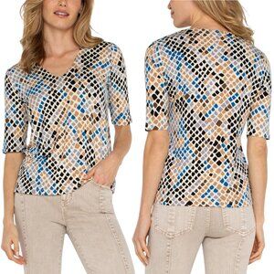 Liverpool Lapis Snake Top Short Sleeve V-Neck Knit Top - Blue/Brown/Gold - XL